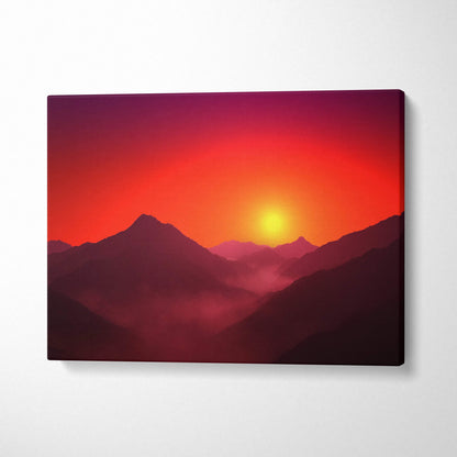Minimalist sunrise mountain canvas art with layered silhouettes in fiery reds