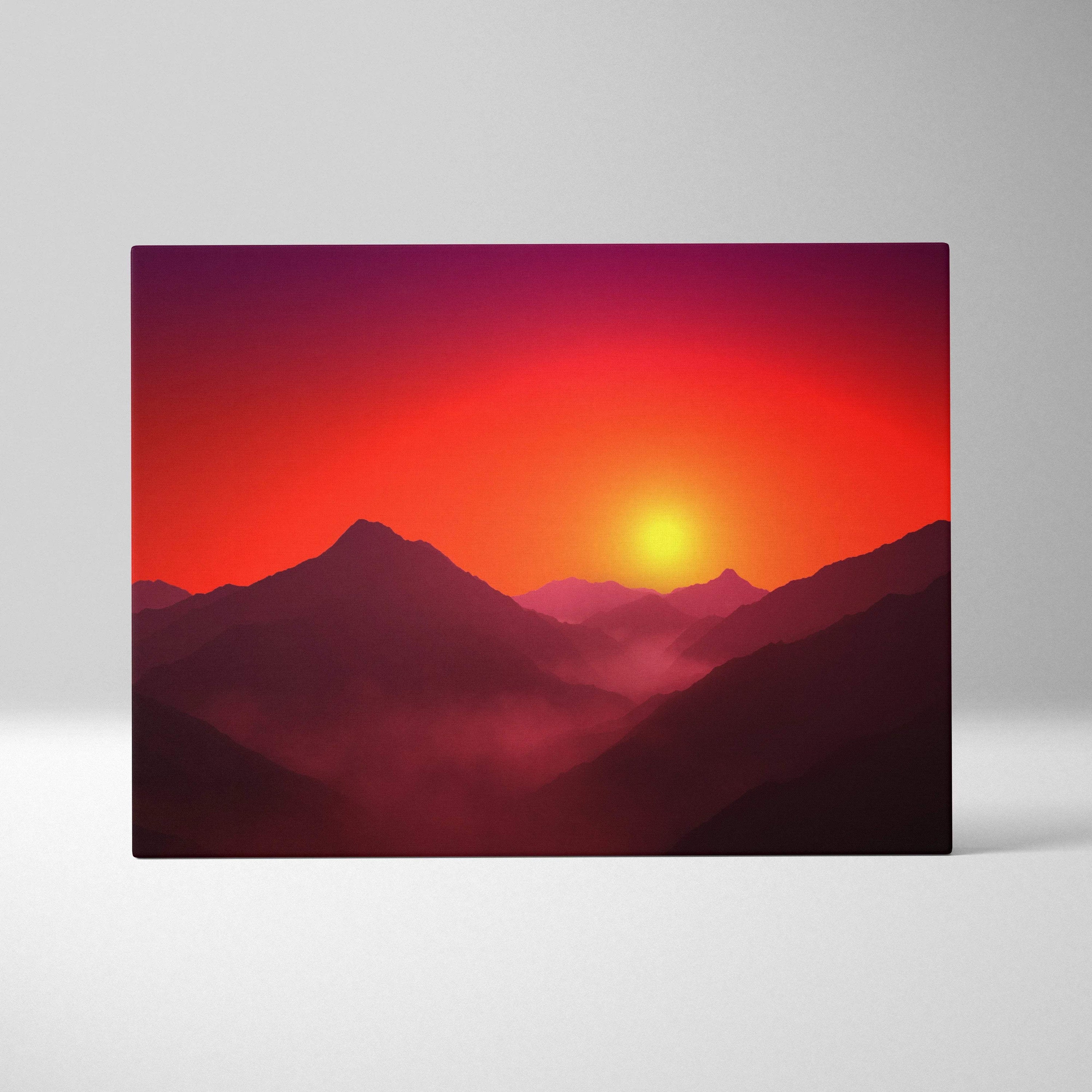 Minimalist mountain sunrise canvas print in fiery reds and purples