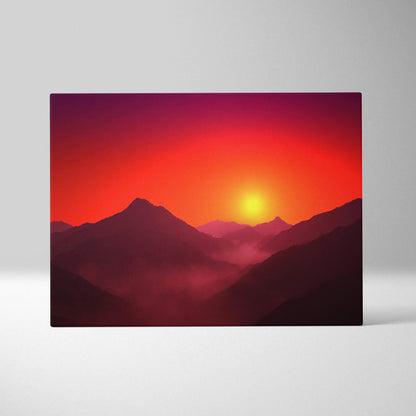 Minimalist mountain sunrise canvas print in fiery reds and purples