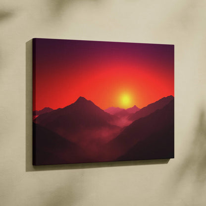 Minimalist sunrise mountain canvas art with layered silhouettes in fiery reds and yellow glow