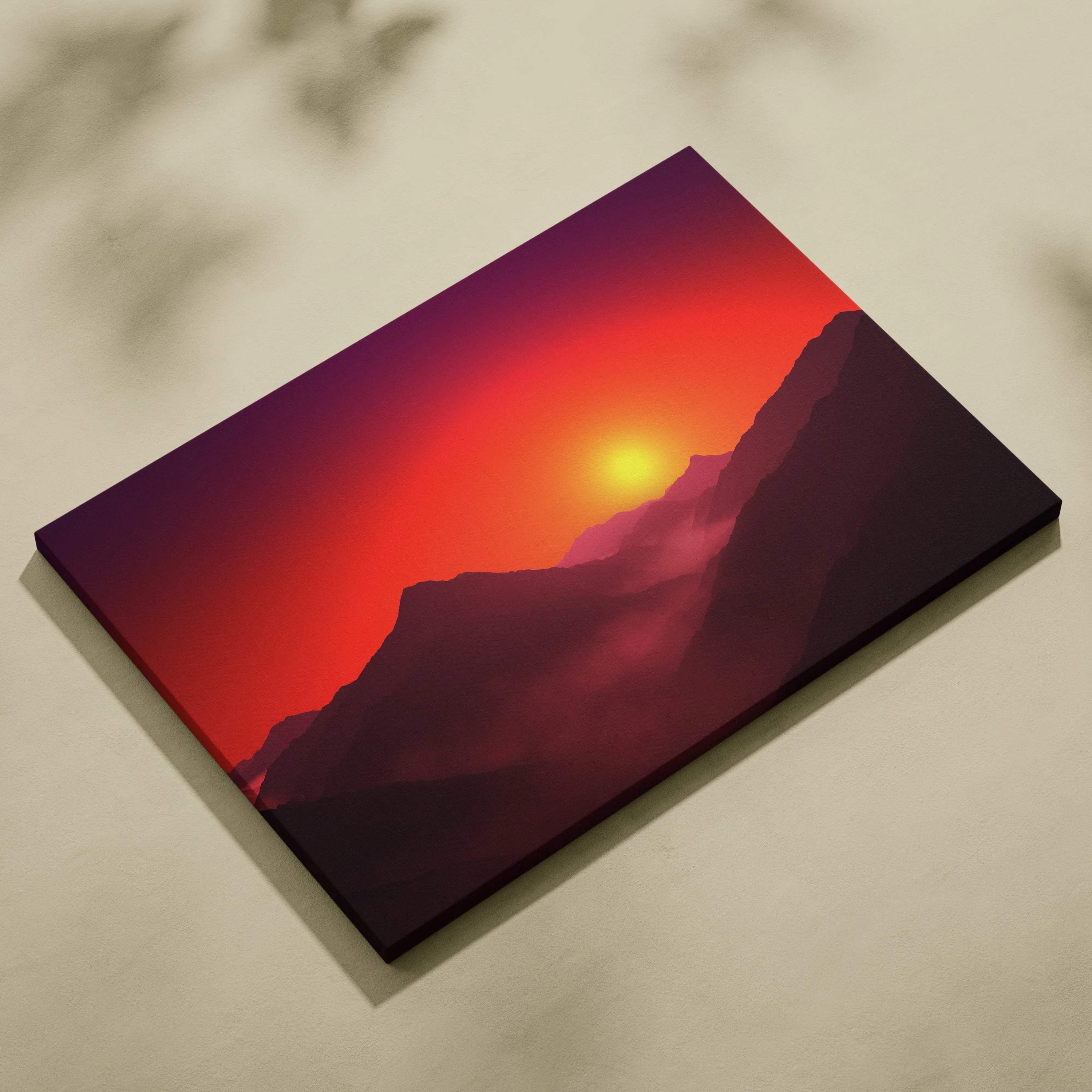 Minimalist mountain sunrise canvas art with layered silhouettes in fiery reds