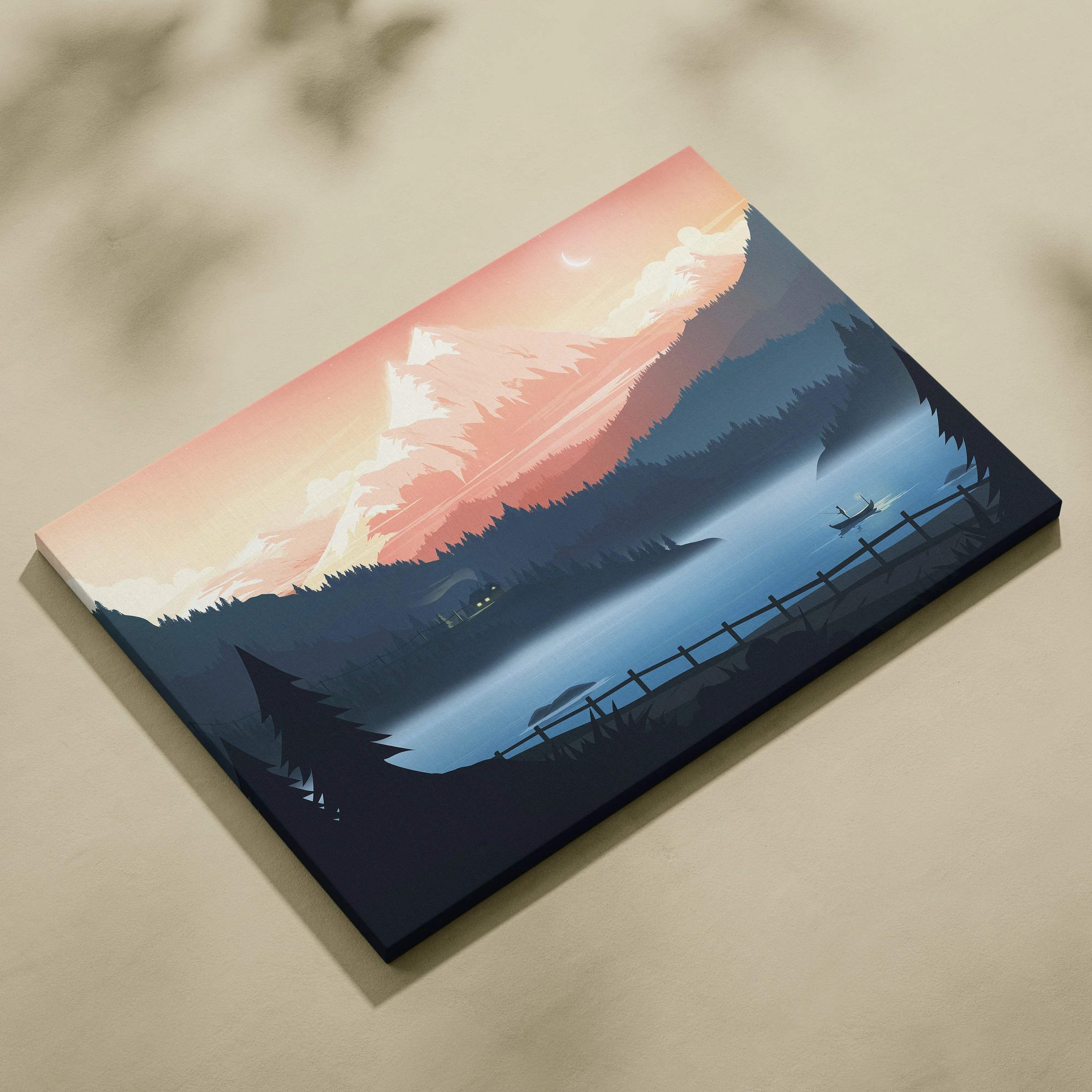 Stylized misty lake canvas print with lone boat, alpine peak, peach sky