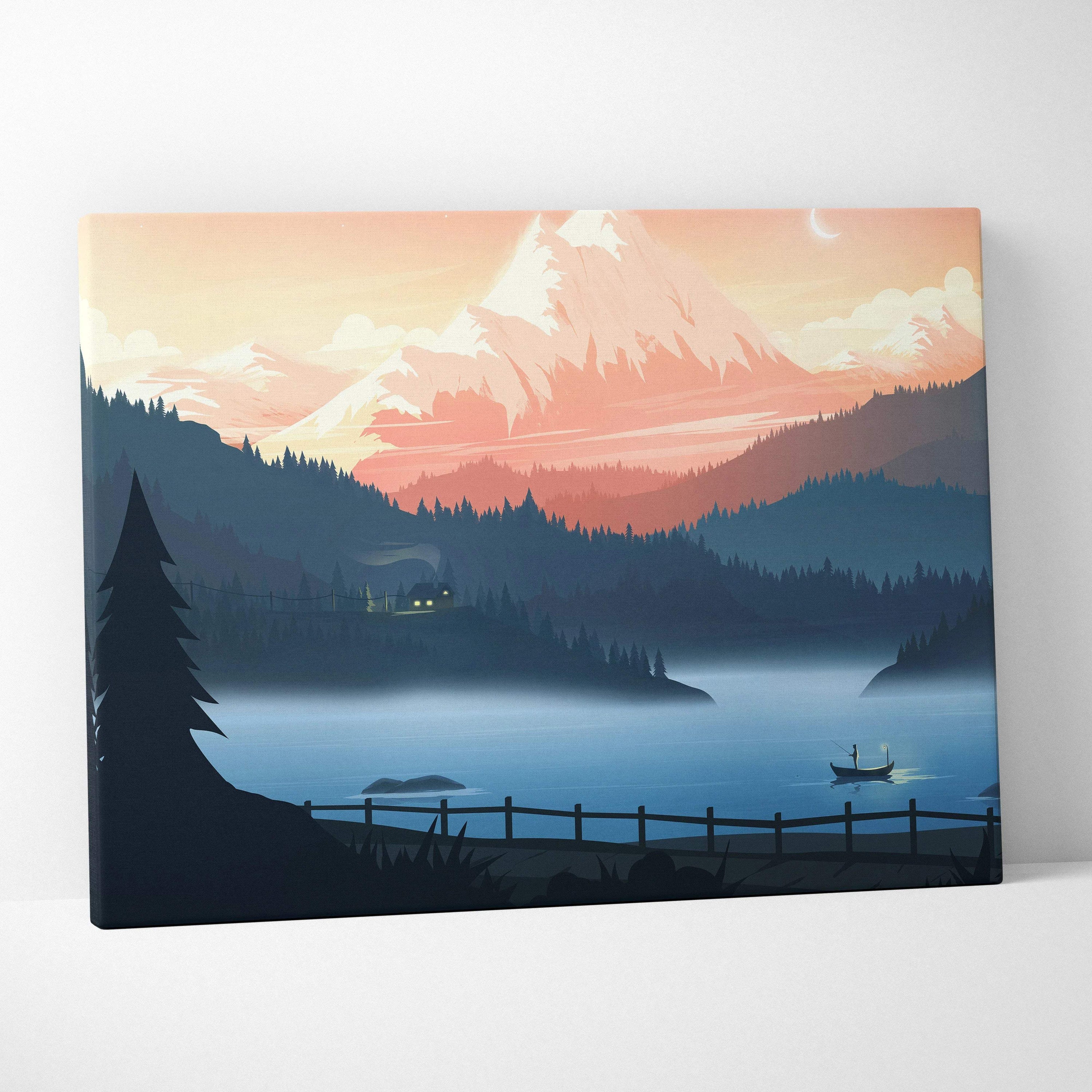 Stylized misty lake with lone boat under alpine peak in peach sky canvas art