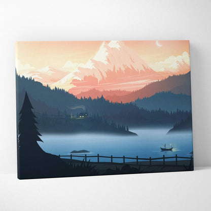 Stylized misty lake with lone boat under alpine peak in peach sky canvas art