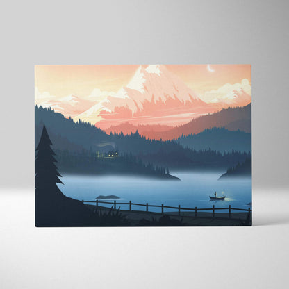 Stylized misty lake with lone boat under alpine peak in peach sky canvas art