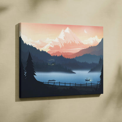 Stylized misty lake with lone boat under alpine peak in peach sky canvas art