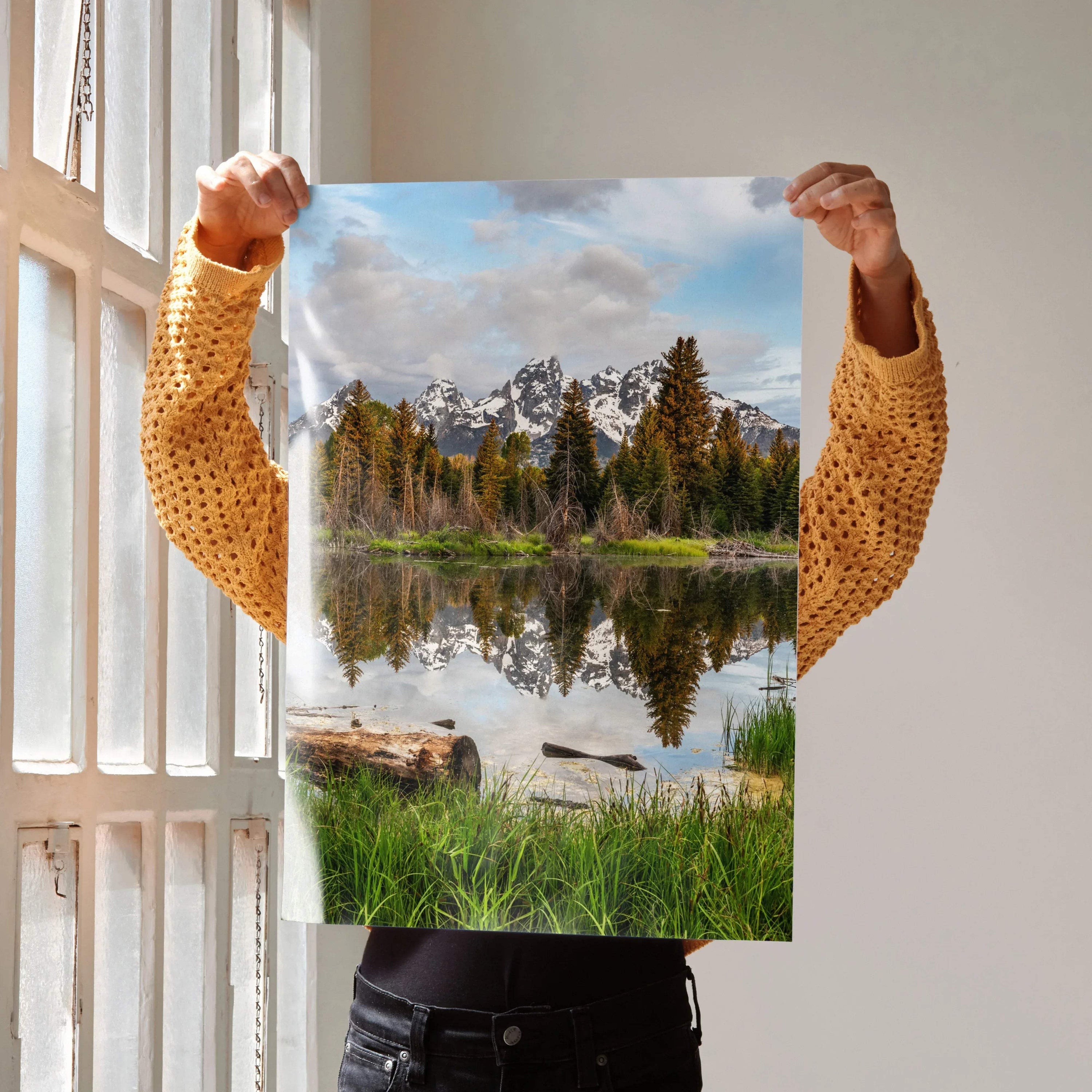 Vertical mountain landscape poster with reflective lake and pine trees, nature wall art.