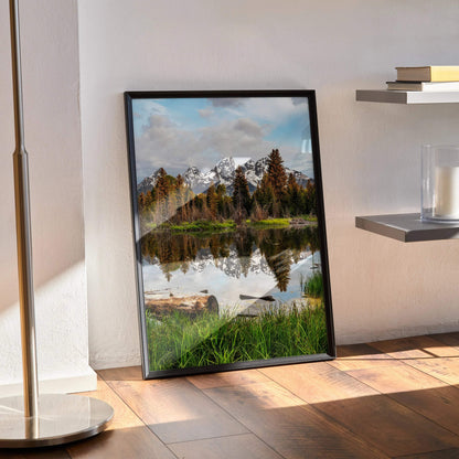 Vertical mountain landscape poster with snow-capped peaks and reflective lake wall art.