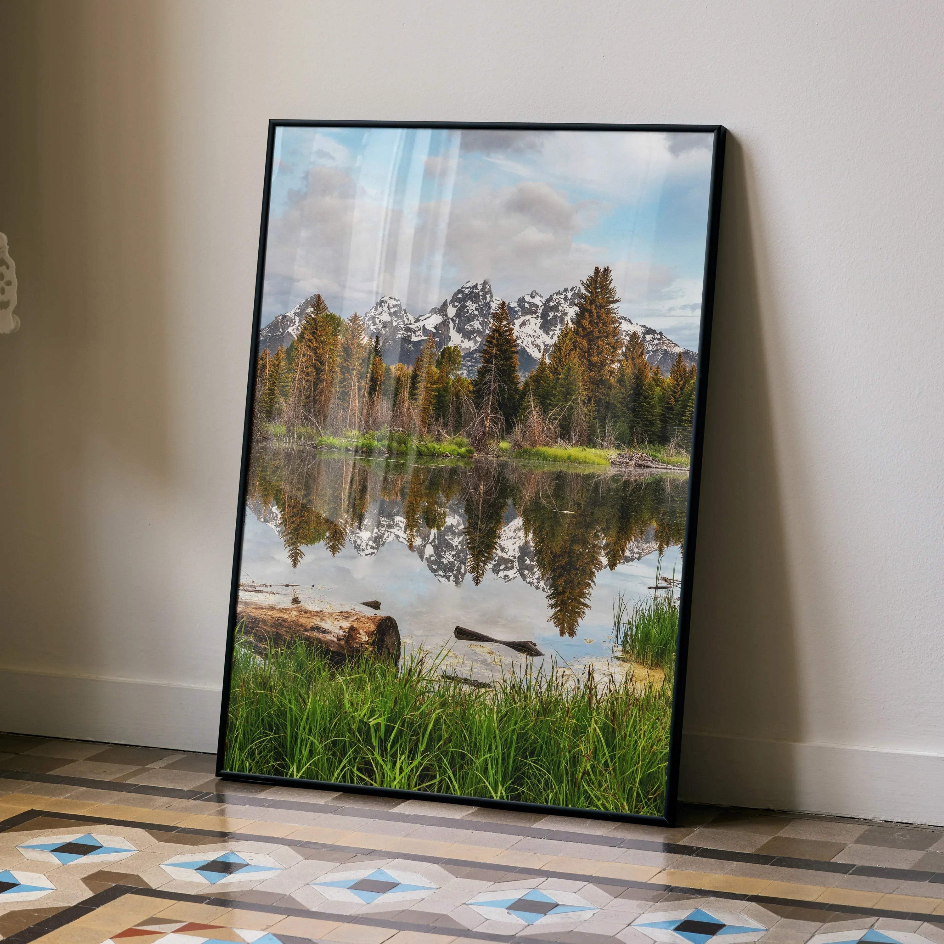 Mountain landscape poster with pine trees reflected in calm lake, vertical wall art print.
