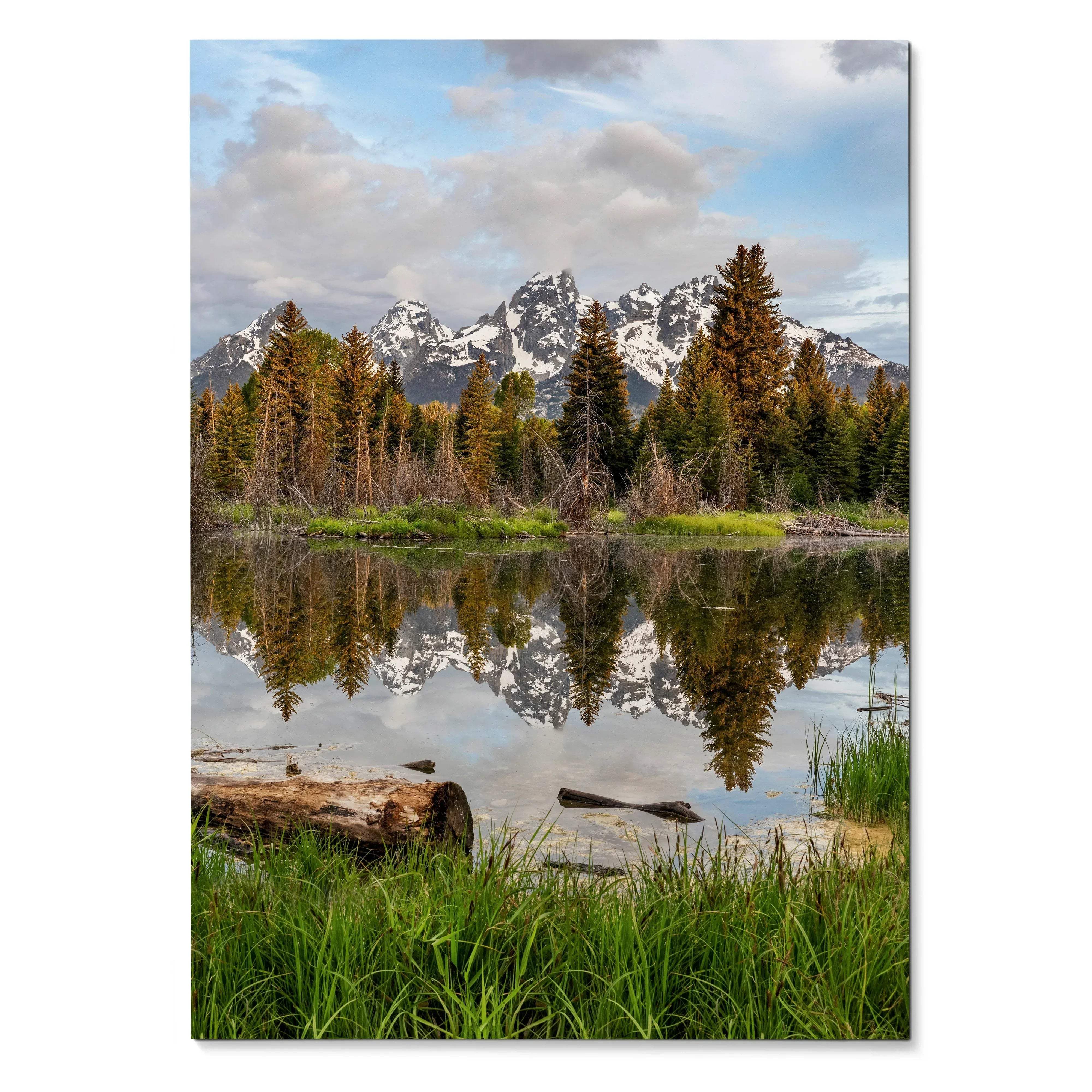 Vertical poster wall art featuring a serene mountain landscape with snow-capped peaks and reflecting lake.
