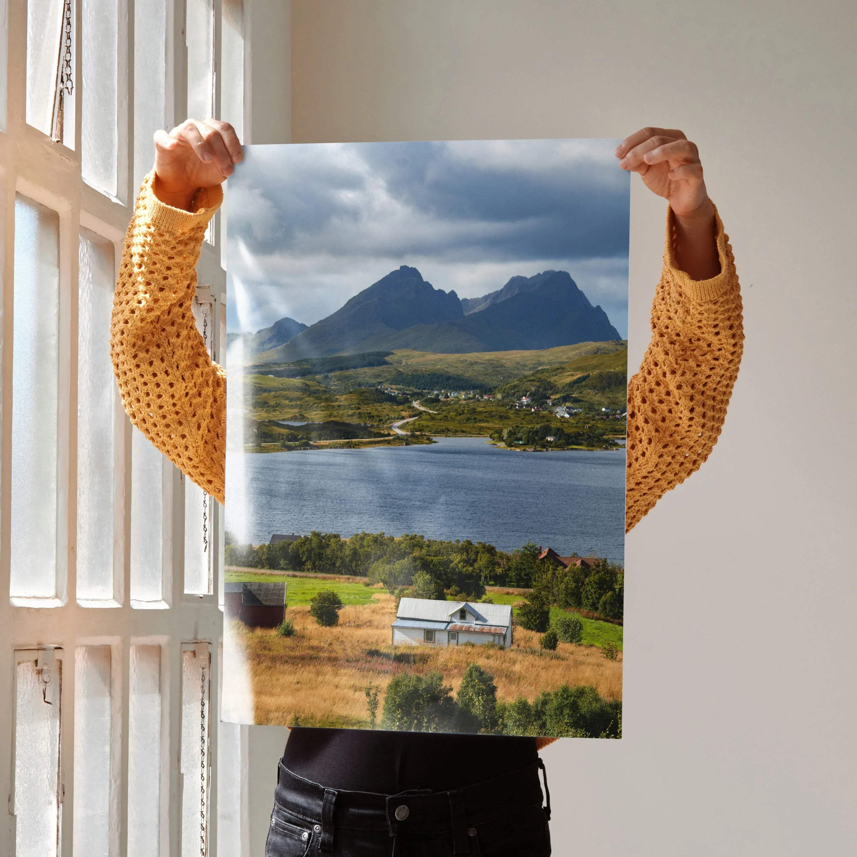 Majestic mountain landscape poster with lake and rustic farmhouse wall art in natural tones.