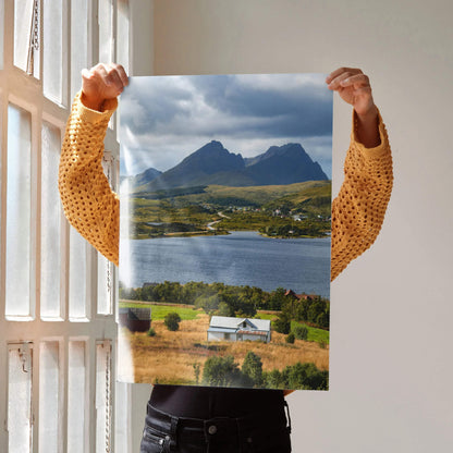 Majestic mountain landscape poster with lake and rustic farmhouse wall art in natural tones.