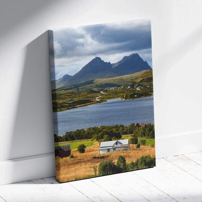 Vertical canvas wall art featuring majestic mountains, lake, and rural countryside scene.