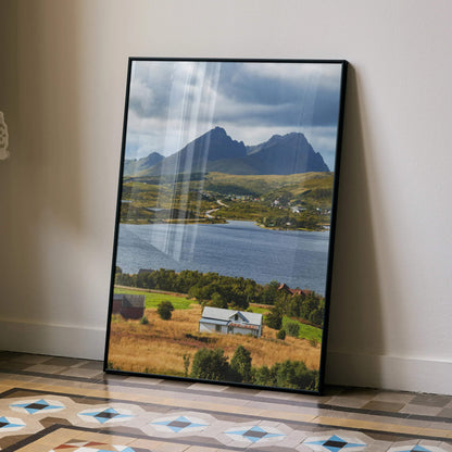 Vertical poster of majestic mountain landscape with lake and farmhouse, nature wall art.