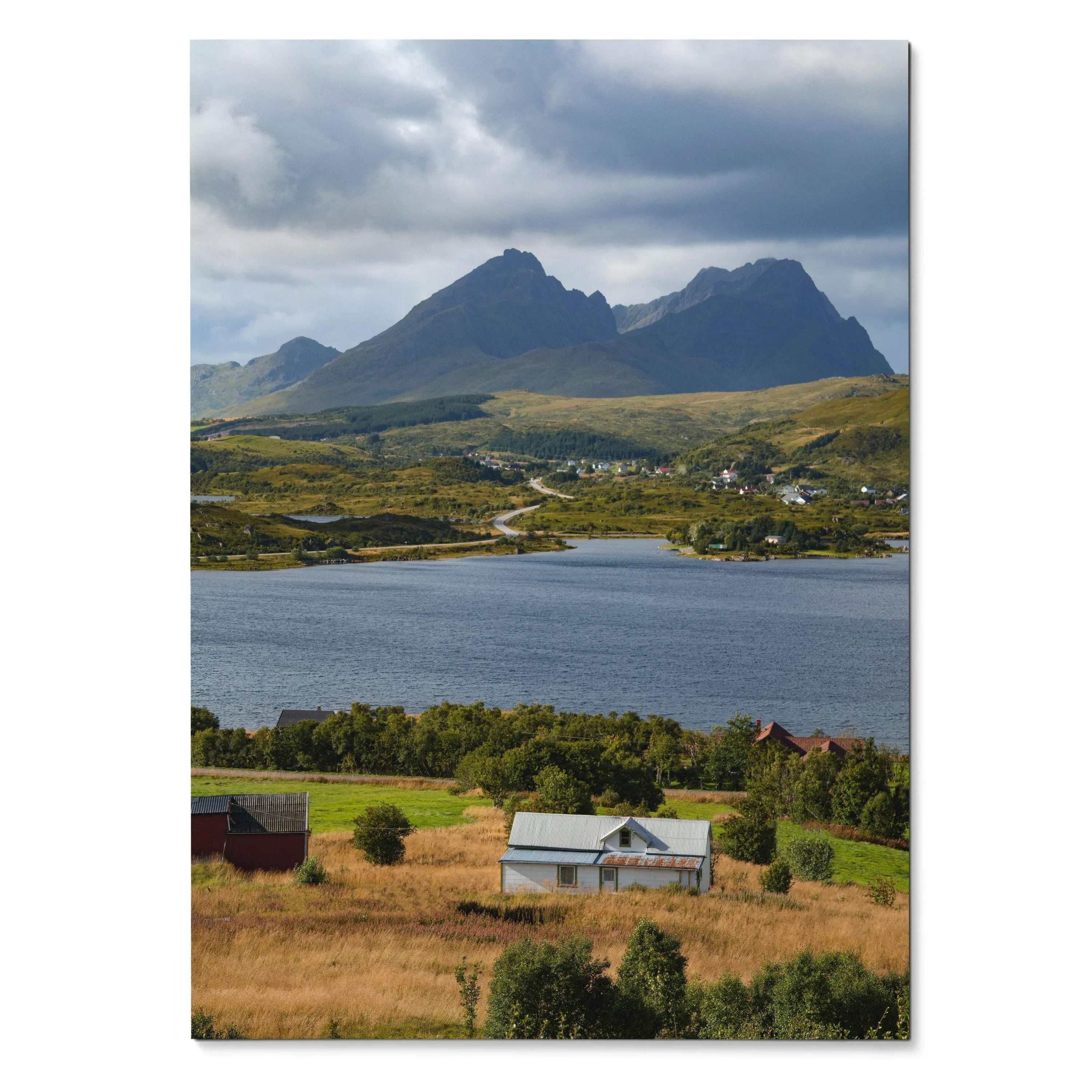 Vertical mountain landscape poster with lake and countryside, nature wall art print.