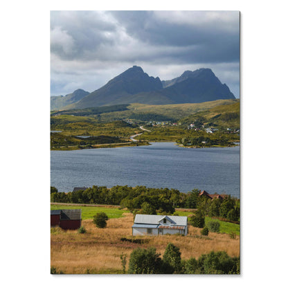 Vertical mountain landscape poster with lake and countryside, nature wall art print.