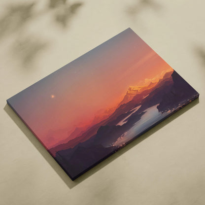 Vibrant sunset mountains canvas print with river, moon, orange purple tones