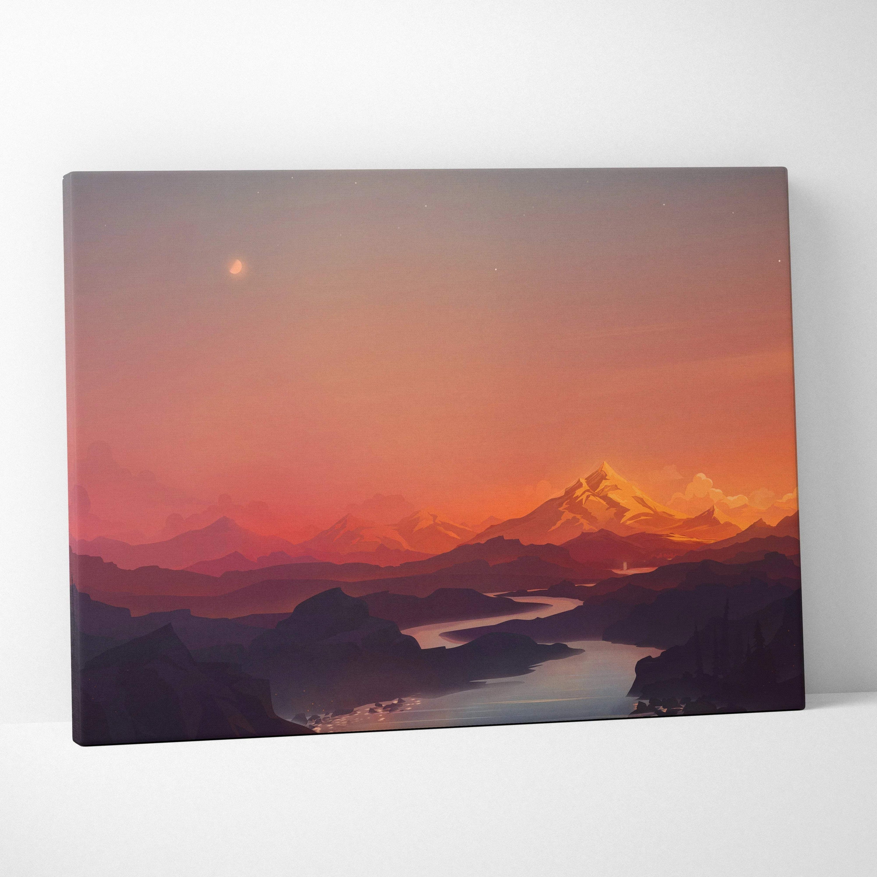 Serene sunset mountains canvas print with river, moon, orange purple tones