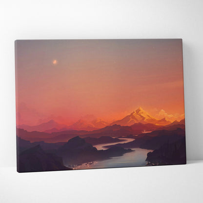 Serene sunset mountains canvas print with river, moon, orange purple tones