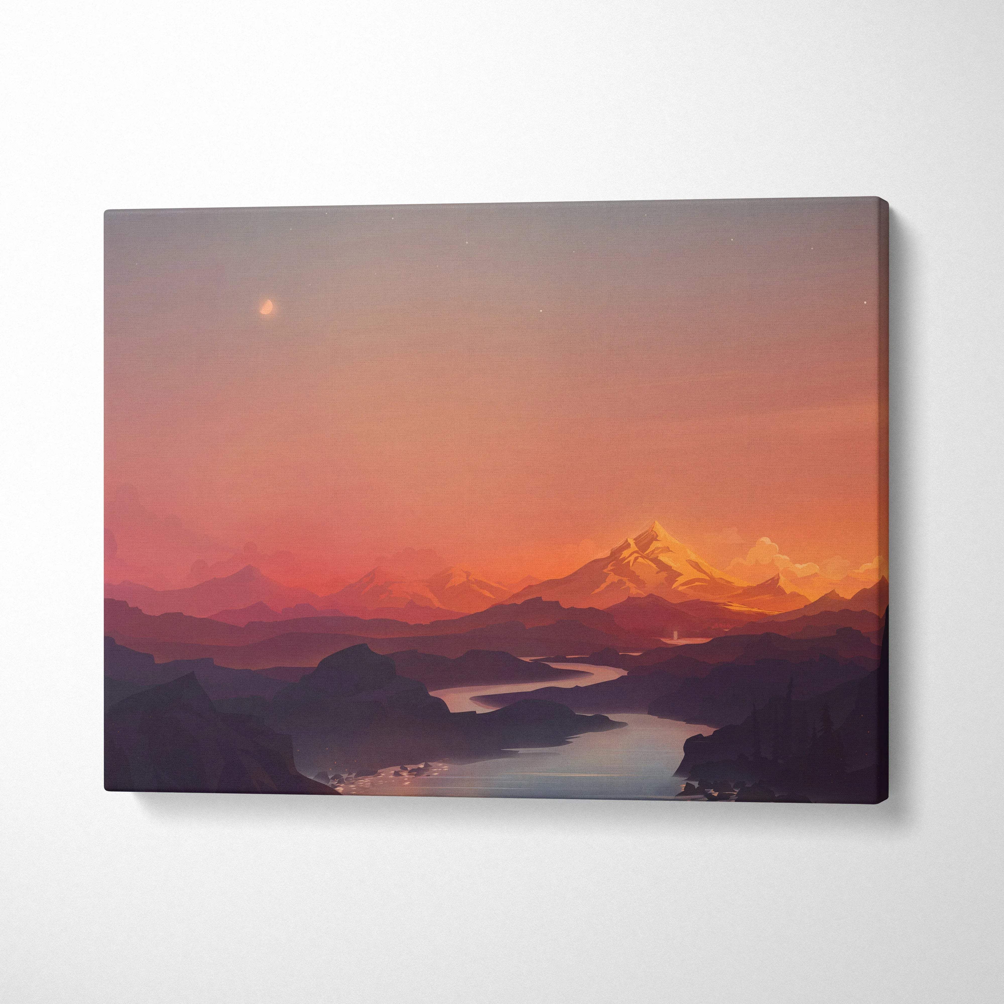 Flat vector sunset mountains with winding river, crescent moon in serene orange purple tones canvas art