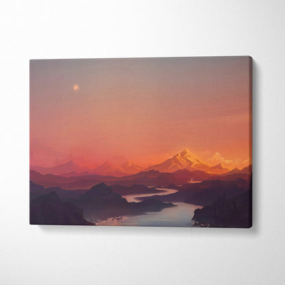 Flat vector sunset mountains with winding river, crescent moon in serene orange purple tones canvas art