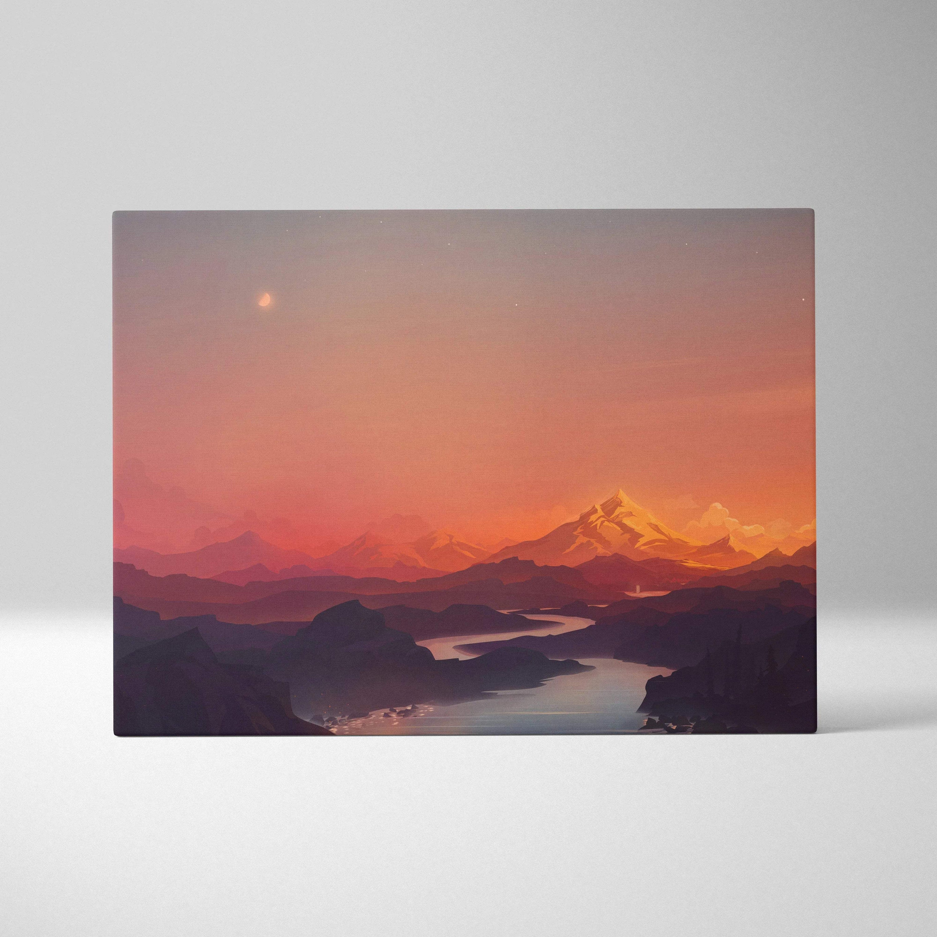 Flat vector sunset mountains canvas print with winding river crescent moon serene orange purple tones