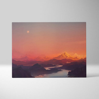 Flat vector sunset mountains canvas print with winding river crescent moon serene orange purple tones
