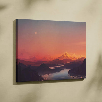 Flat vector sunset mountains canvas print with winding river, crescent moon, serene orange purple tones
