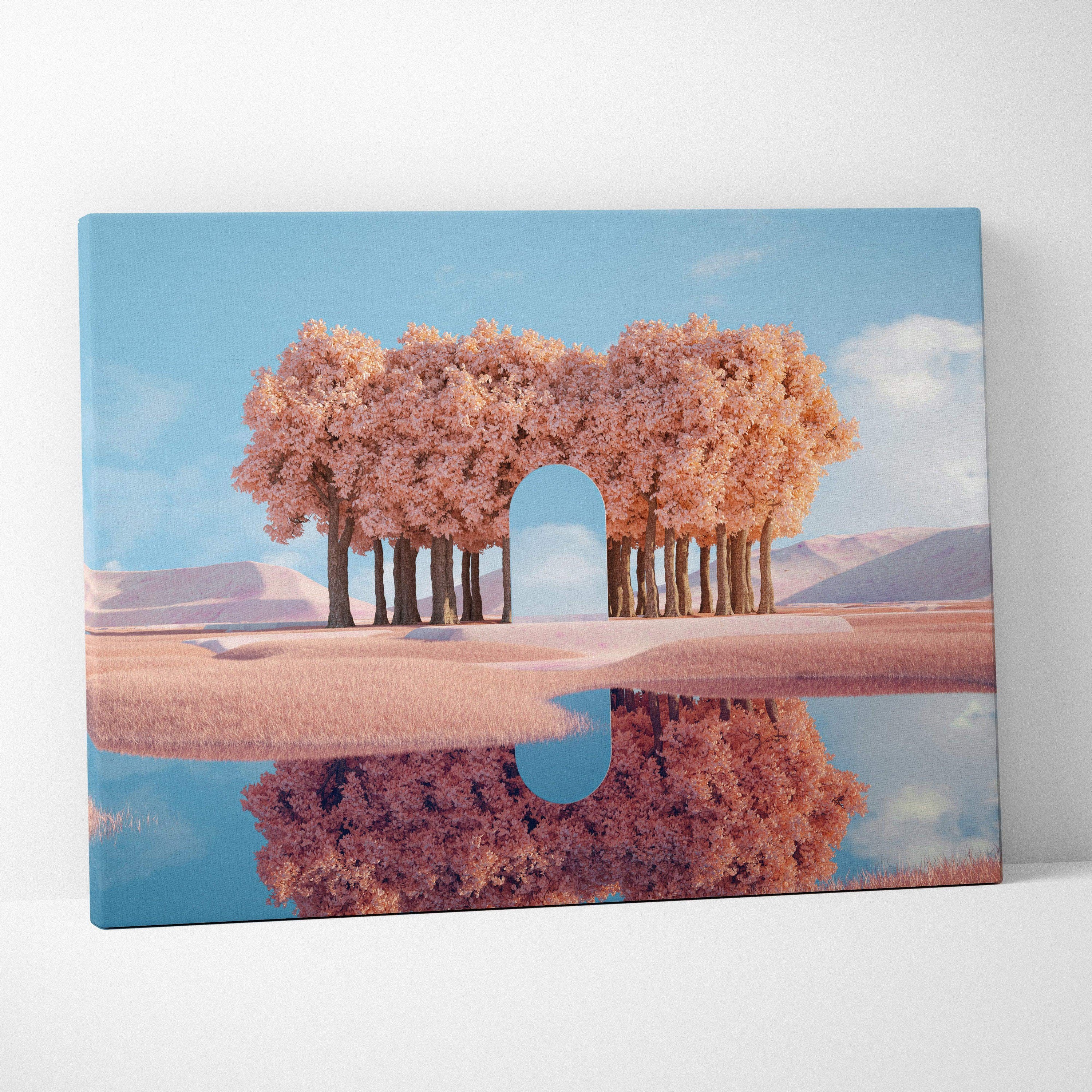 Surreal minimalist 3D pink blossom arch over reflective water canvas art
