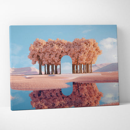 Surreal minimalist 3D pink blossom arch over reflective water canvas art