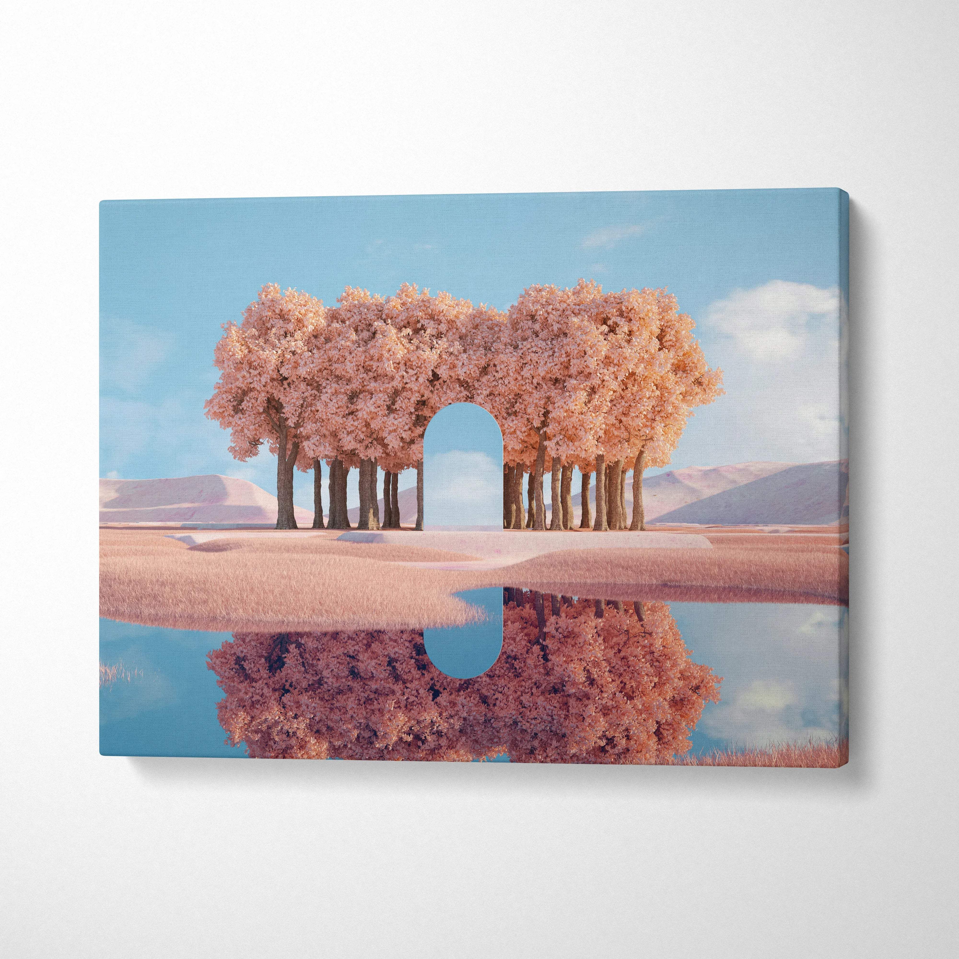 Surreal minimalist 3D pink blossom arch over reflective water canvas art