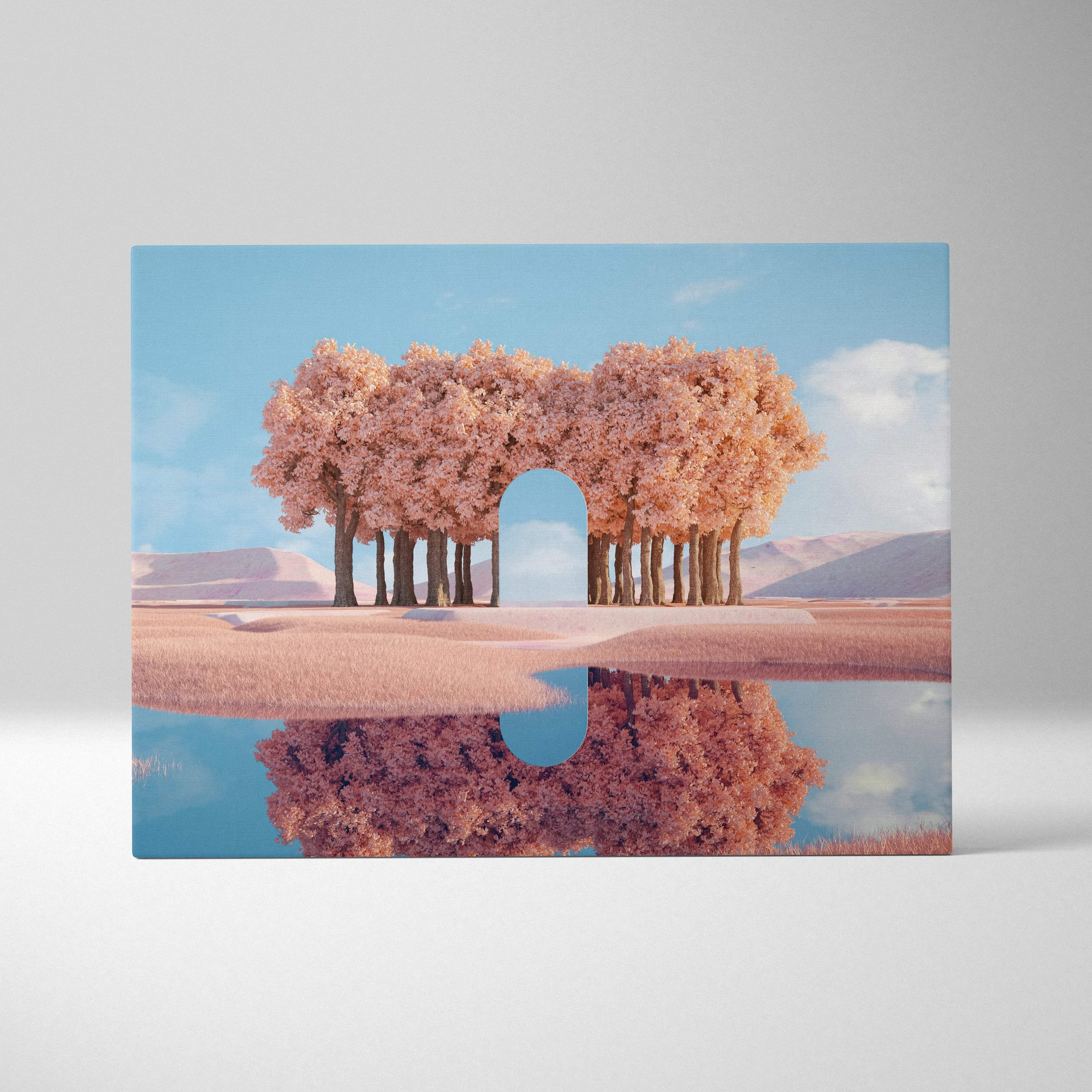 Surreal minimalist 3D pink blossom arch over reflective water canvas art