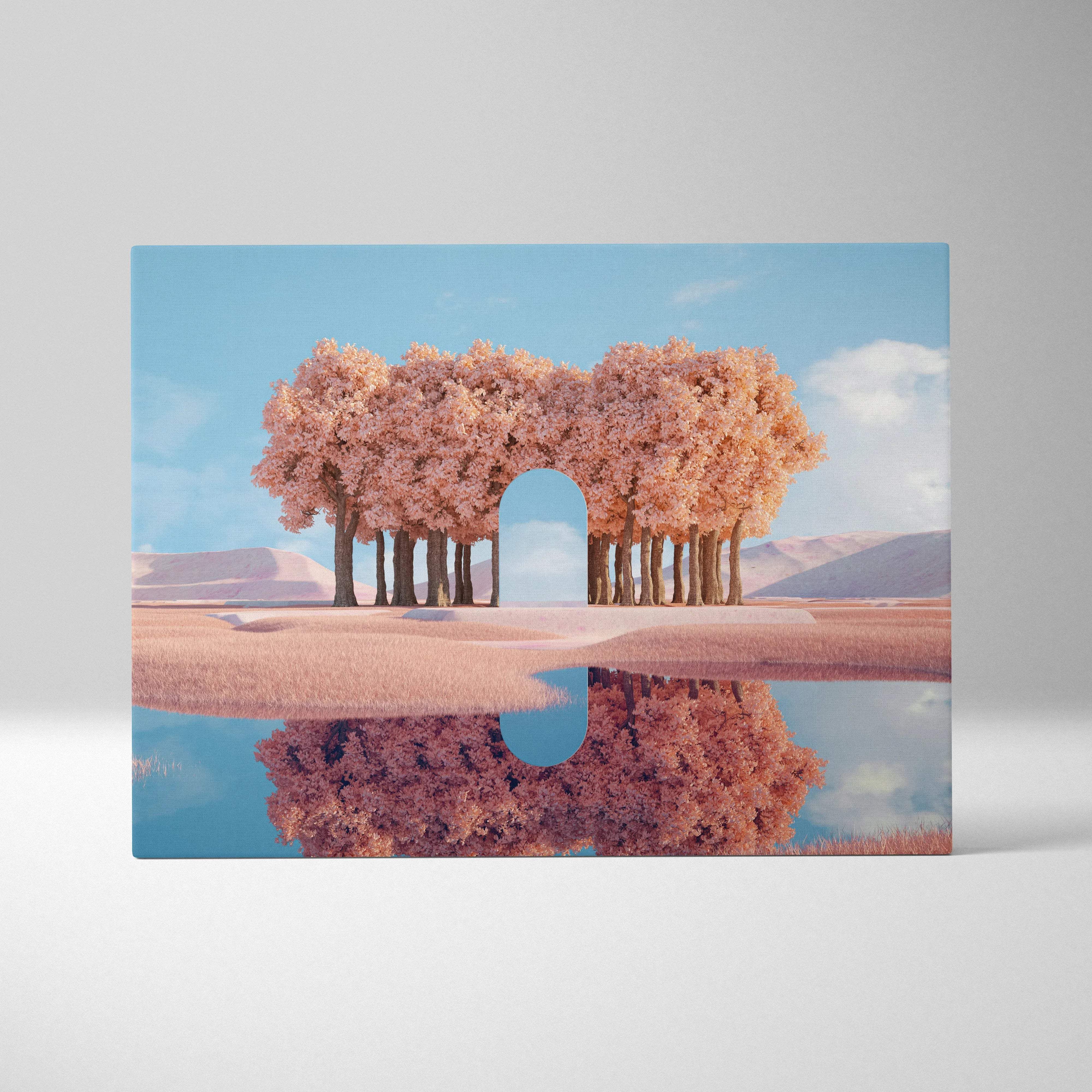 Surreal minimalist 3D pink blossom arch over reflective water canvas art