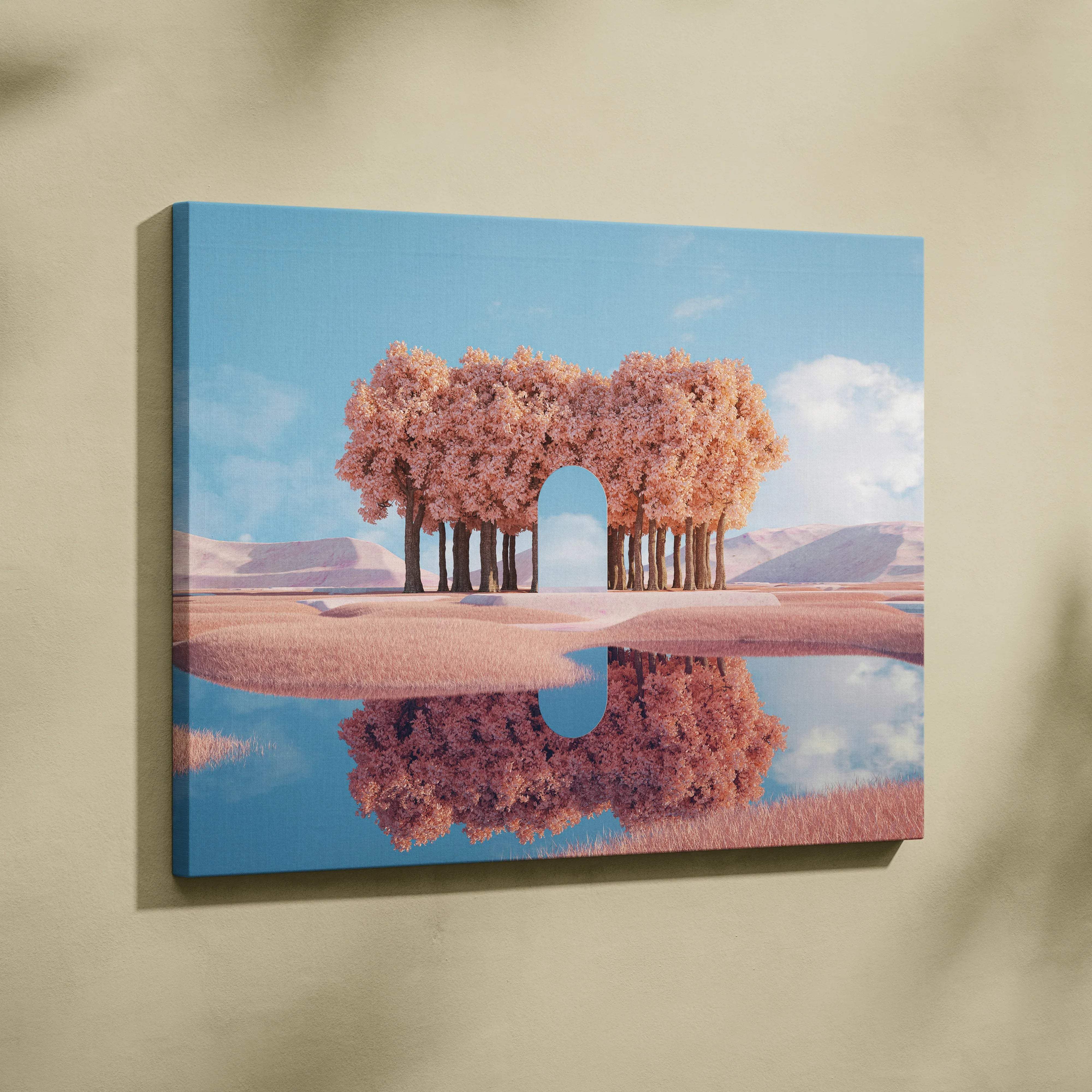 Surreal minimalist 3D pink blossom arch over reflective water canvas art