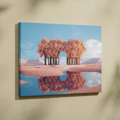 Surreal minimalist 3D pink blossom arch over reflective water canvas art
