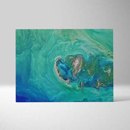 Aerial turquoise ocean rectangular canvas print with abstract aerial view of tropical island reef for coastal decor