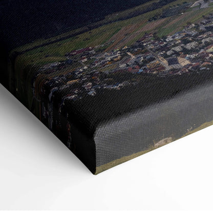 Majestic mountain landscape printed on textured canvas wall art with rich colors and detailed scenery.