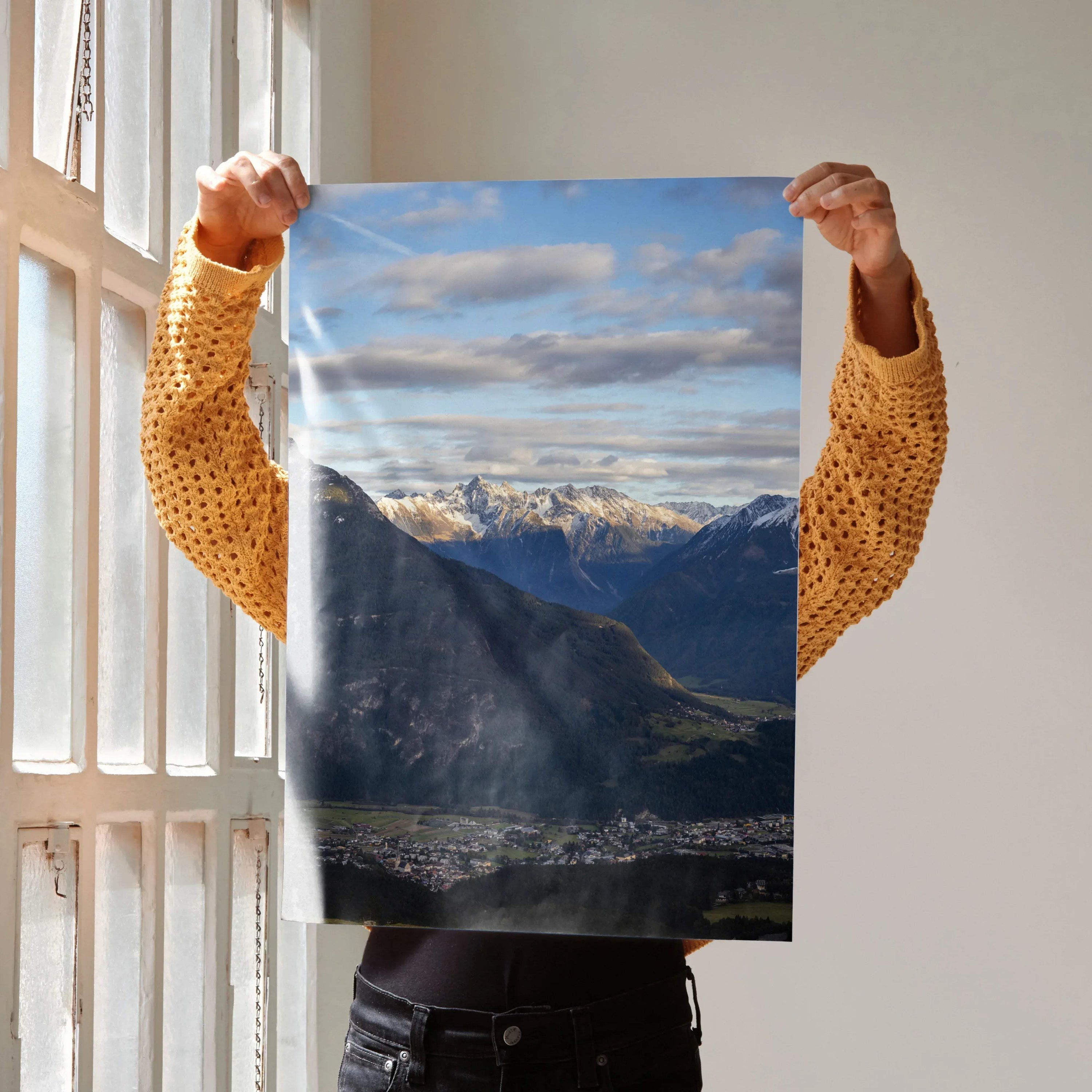 Vertical poster featuring majestic mountain landscape with dramatic clouds and sunlit peaks, wall art for nature lovers.