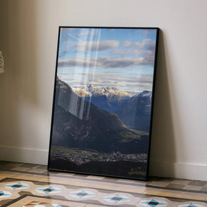 Vertical mountain landscape poster with snow-capped peaks and cloudy sky wall art.