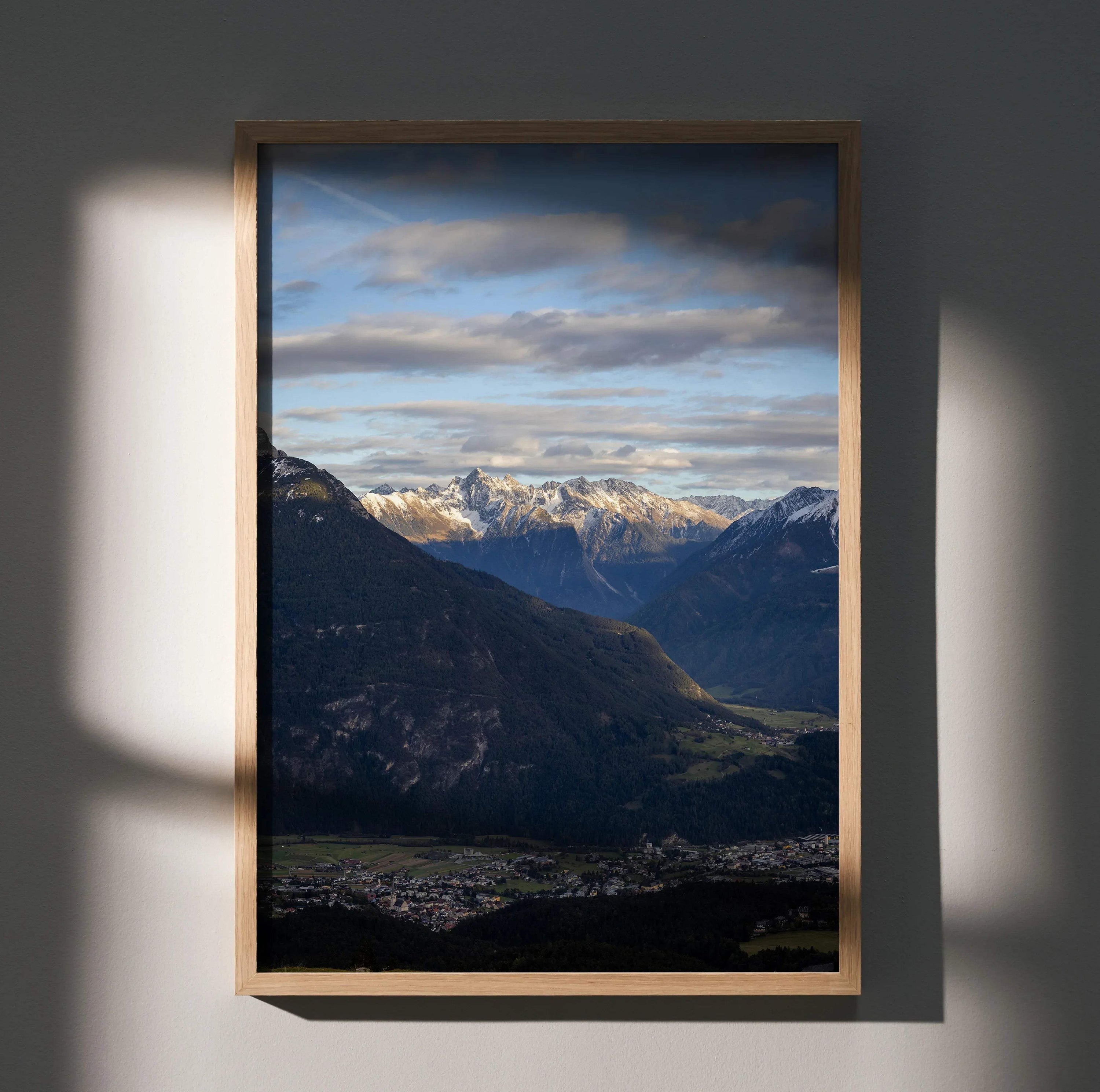 Majestic mountain landscape poster wall art with snow-capped peaks and cloudy sky in vertical frame.