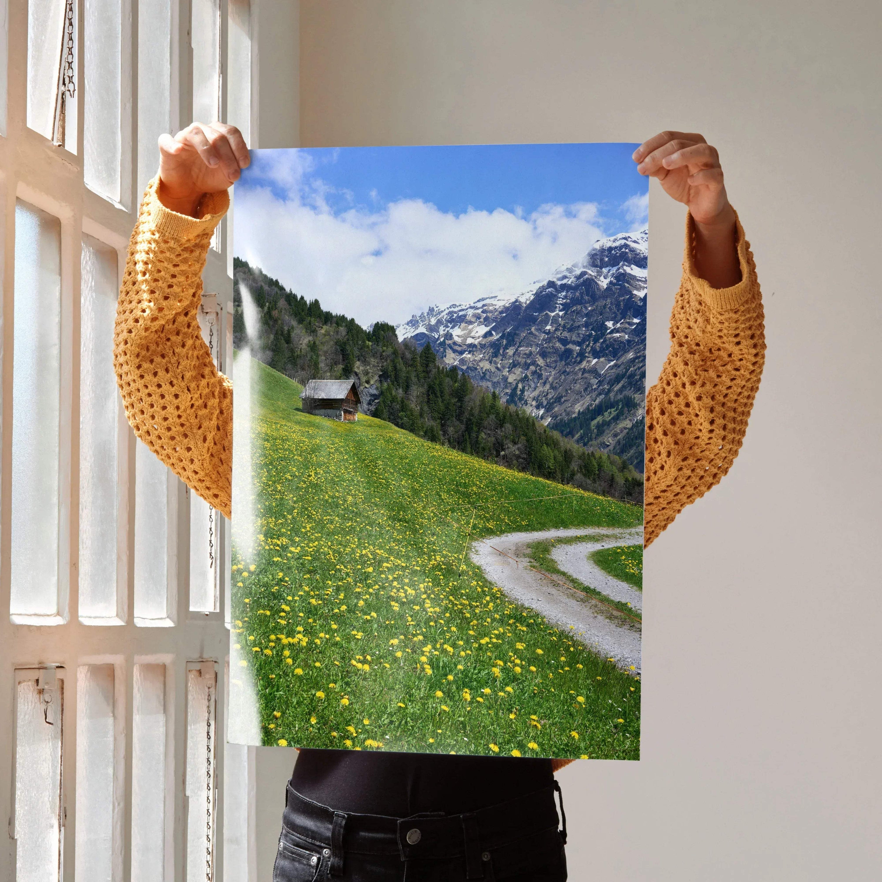 Vertical mountain landscape poster with green meadow, wildflowers, and snowy peaks wall art.