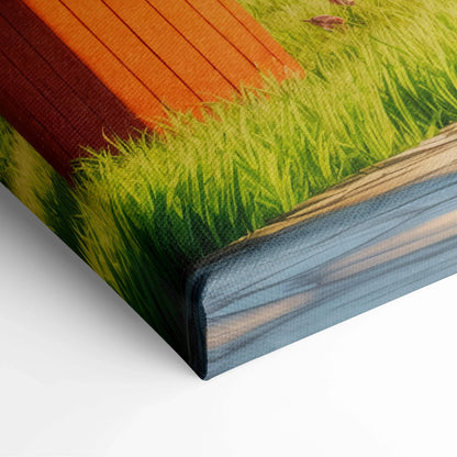 Charming 3D animated suburban cottage canvas art with green grass, orange fence, rustic wood frame