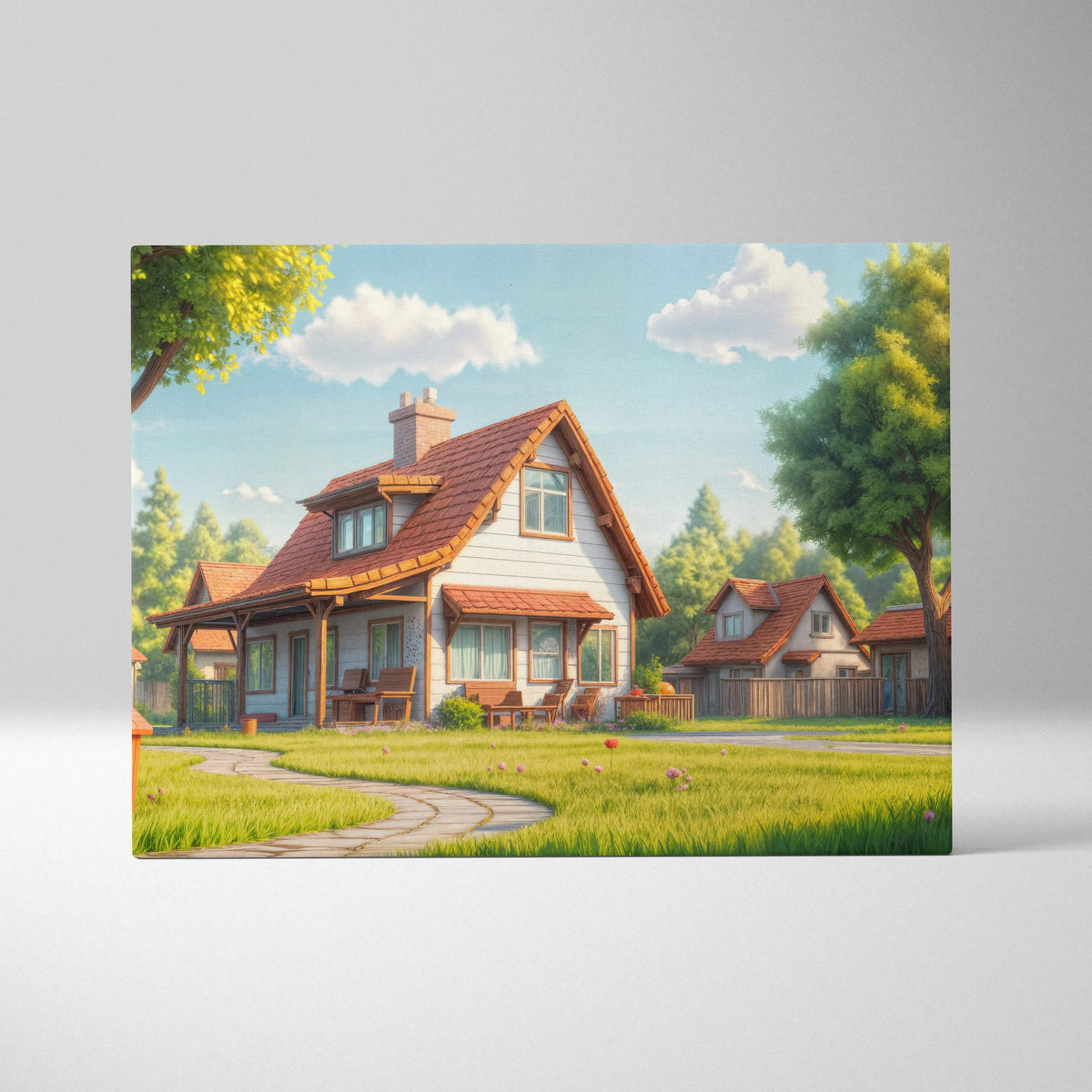Charming 3D animated suburban cottage house canvas wall art with white exterior, red roof