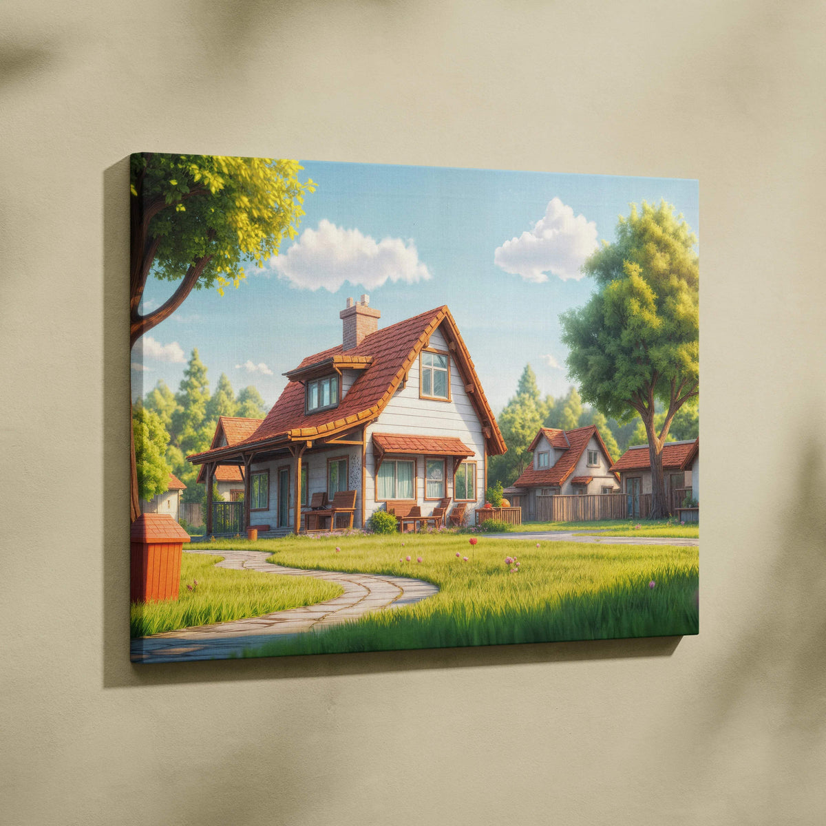 Charming 3D animated suburban cottage canvas wall art in peaceful sunny mood