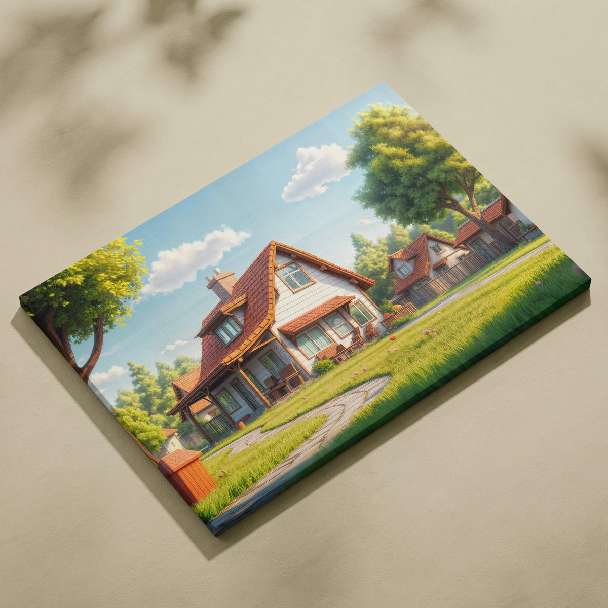 Charming 3D animated suburban cottage canvas wall art, peaceful sunny neighborhood scene