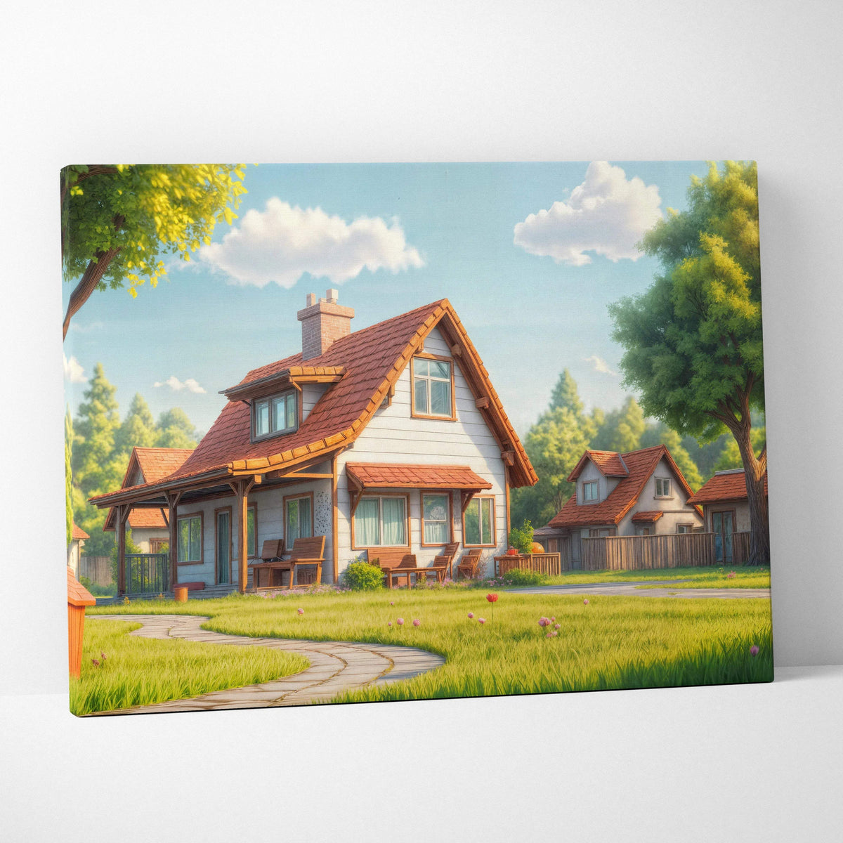Charming 3D animated suburban cottage canvas wall art, cozy white house on sunny day