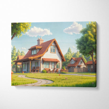 Charming 3D animated suburban cottage canvas wall art, peaceful sunny mood