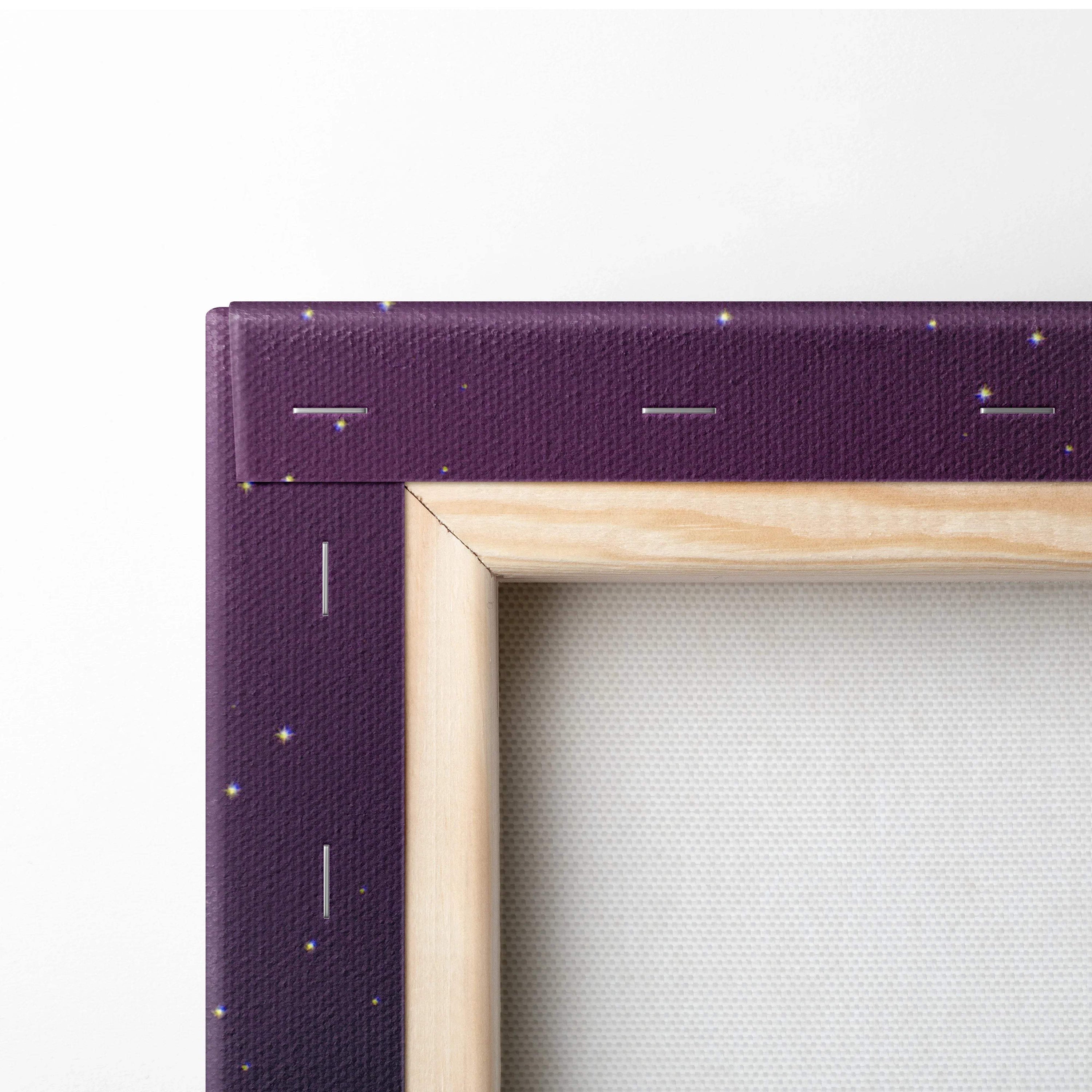 Purple starry canvas art in neon retrowave blues pinks orange glow with light wood frame