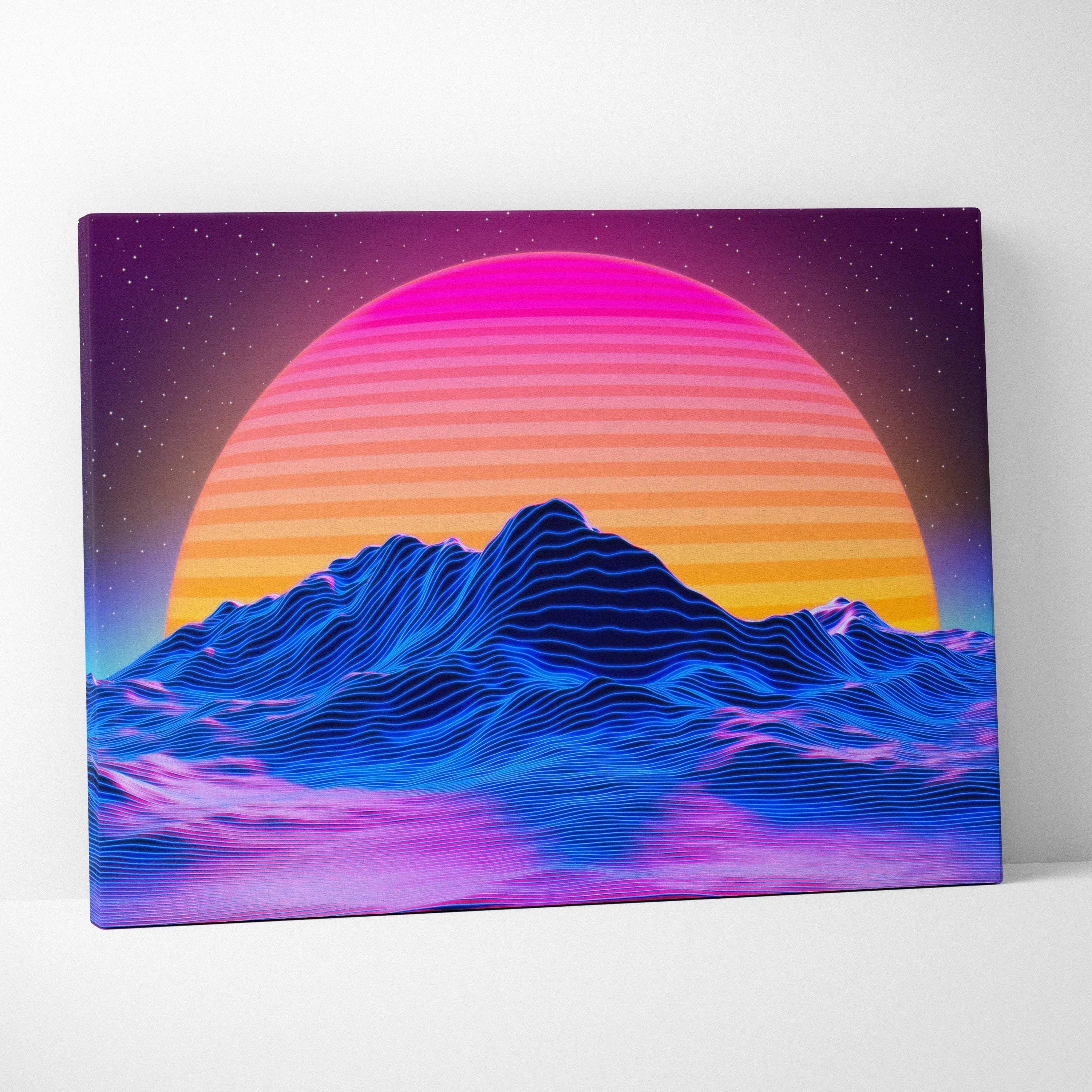 Vibrant neon retrowave mountain sunset canvas wall art in electric blues hot pinks orange glow