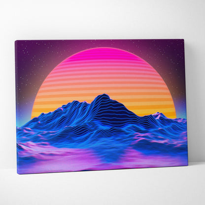 Vibrant neon retrowave mountain sunset canvas wall art in electric blues hot pinks orange glow